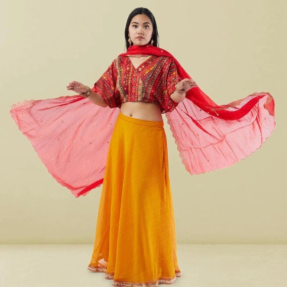 Yellow Chiffon Lehenga with Red Crop Top | Muvvas Boutique - Picture 5 of 6